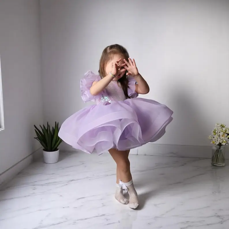 Vestido de niña de flores de tul con lentejuelas moradas hecho a mano, ropa de bebé, vestido para niñas recién nacidas - imagen 5