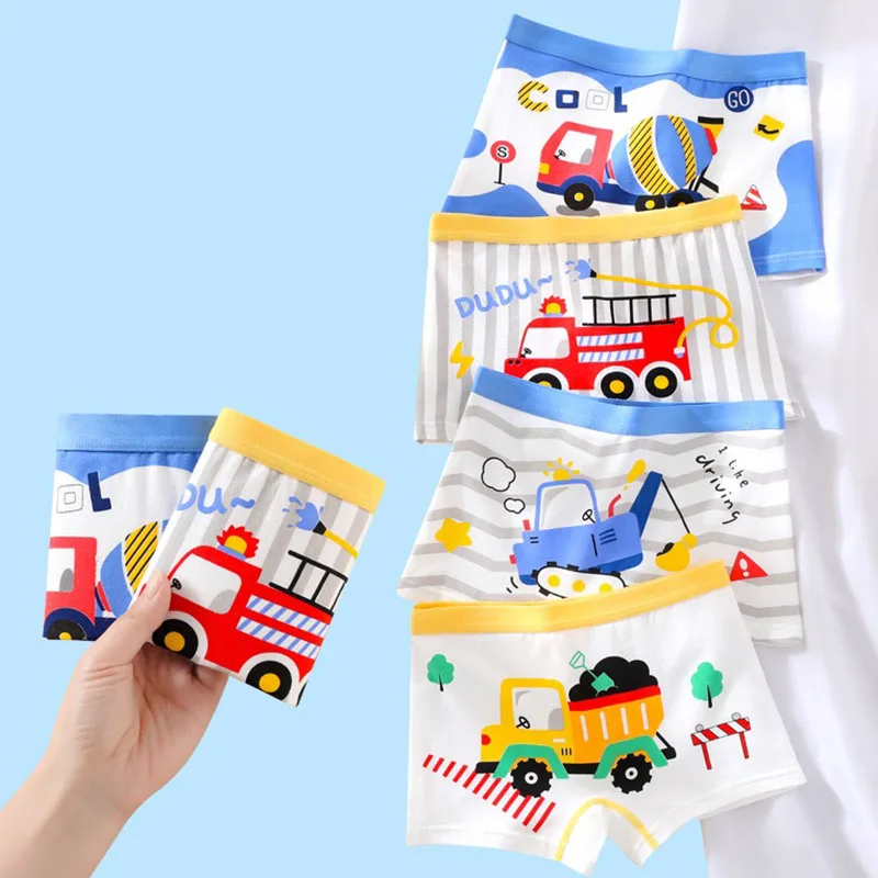 4 unids/lote de ropa interior para niños, Boxers de algodón suave para niños, exquisitos camiones de dibujos animados, calzoncillos Boxer transpirables con estampado para niños 2-9T - imagen 2
