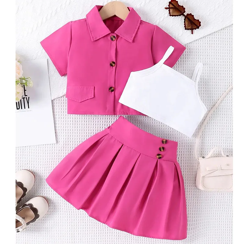 Conjuntos de 3 piezas, ropa de verano para niño niña, moda coreana, Tops de manga corta sólidos para bebé, chaleco y falda, ropa de boutique para niños B130 2025 - imagen 3