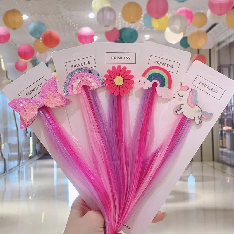 Pinza para el pelo con lazo de Color degradado, diademas para niñas de Estilo Princesa, pelucas coloridas para niñas, pinza para cola de caballo de unicornio de dibujos animados, regalo para niños