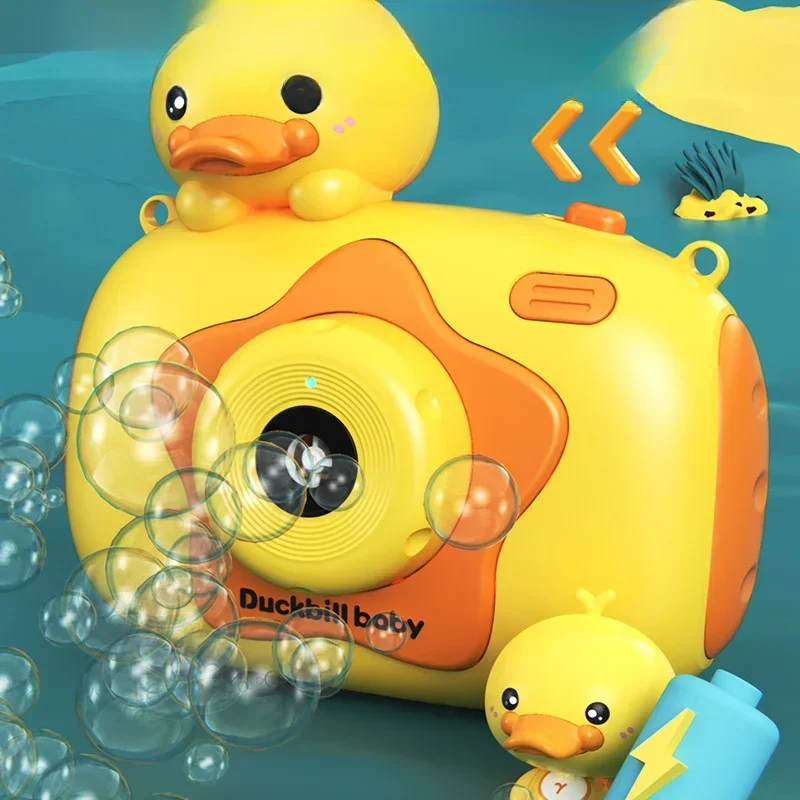 Cámara de burbujas portátil para niños, máquinas de burbujas automáticas con luces y música, juguetes al aire libre, lindo conejo de pato de dibujos animados - imagen 3