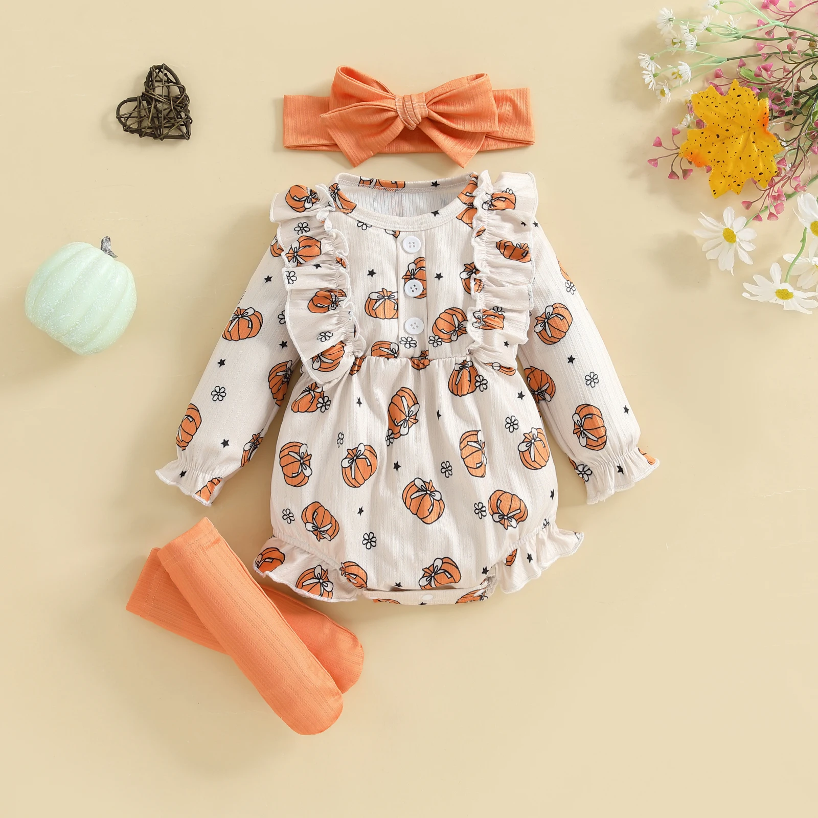 VISgogo Ropa de Halloween para niña con estampado floral de calabaza, manga larga, cuello redondo, mameluco con volantes y calcetines y diadema