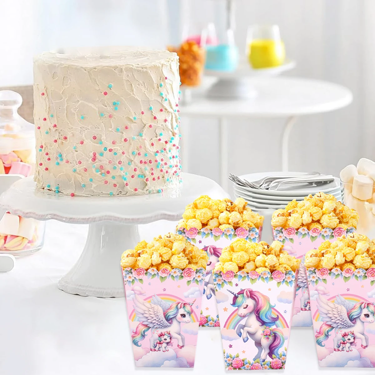 Caja de palomitas de maíz de unicornio, decoración para fiesta de 1er cumpleaños, BabyShower, unicornio arcoíris, suministros para fiesta de boda, 10 Uds. - imagen 5
