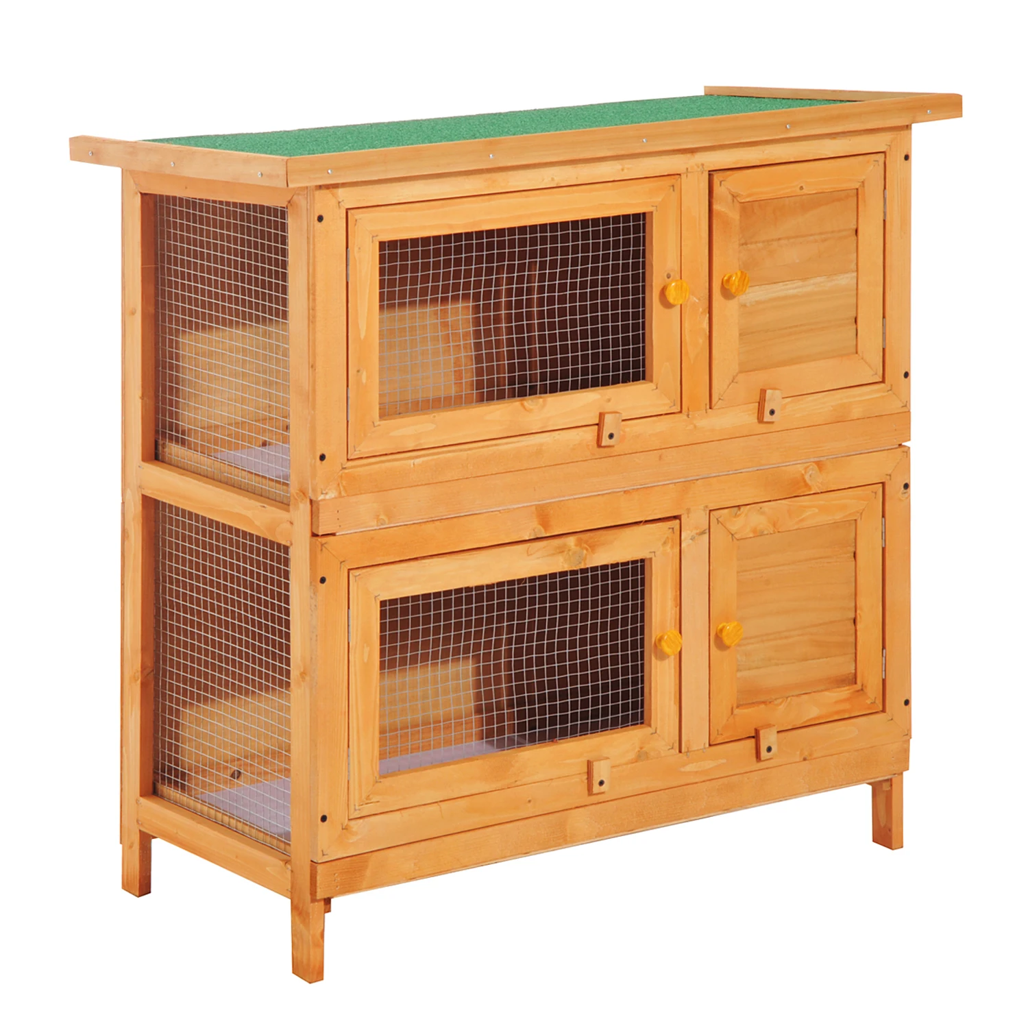 PawHut Conejera de Madera Exterior de 2 Niveles Jaula para 1-2 Conejos Mascotas Pequeñas con Techo Asfáltico Abrible y 2 Bandejas Extraíbles 90x45x90 cm Madera Natural