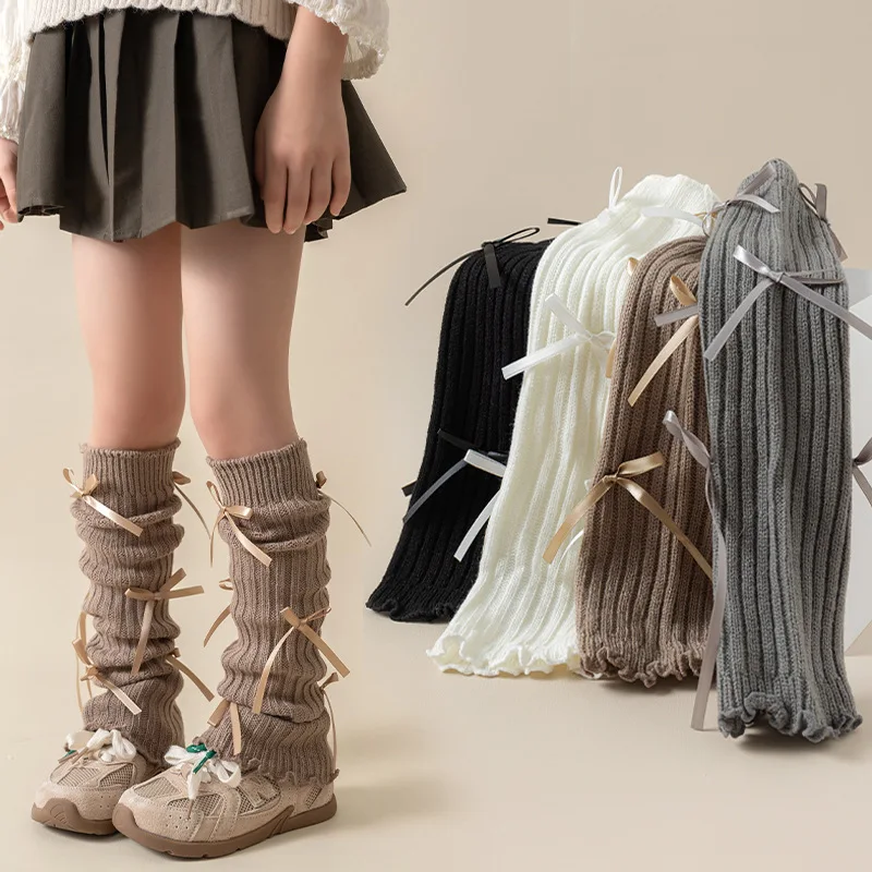 Calentadores de piernas coreanos con lazo de encaje para niños, cubierta de pie tejida, estilo Lolita, calcetines de tubo elásticos sólidos para Otoño e Invierno - imagen 2