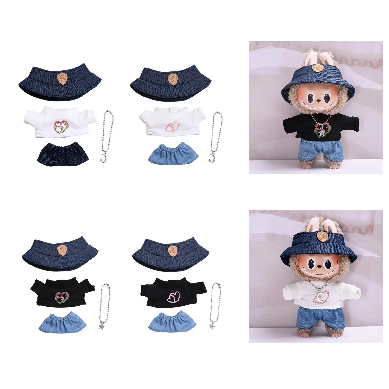 4Pcs Mini with Doll T-shirt, Jeans, Necklace, Hat Cute Dress up Costume Accessories Doll Clothes for 15/17 cm Pendant Doll Gift