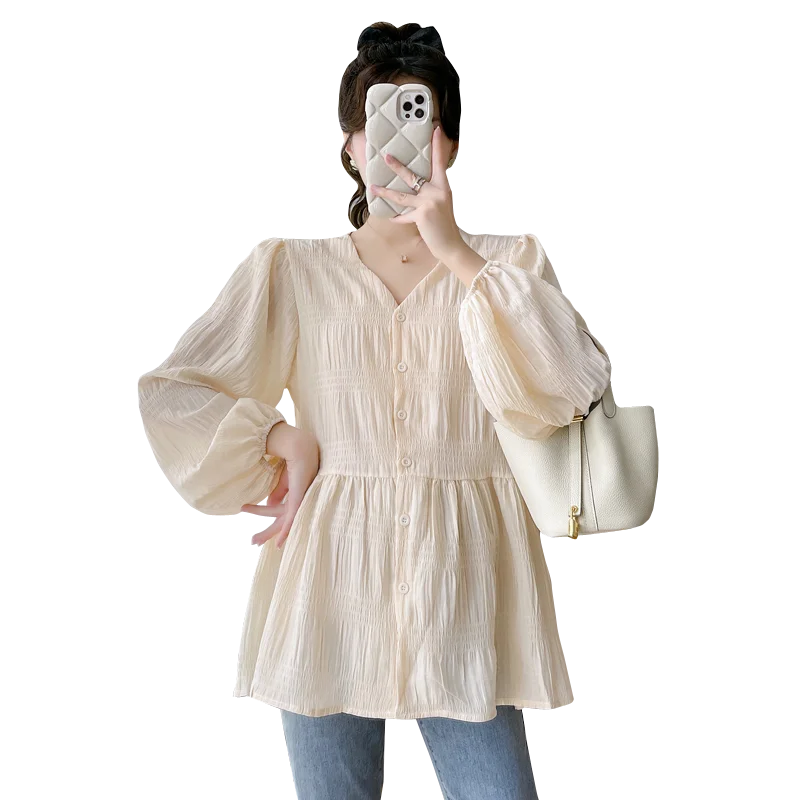 Blusa premamá de algodón con cuello V – Túnica holgada para embarazo - imagen 5