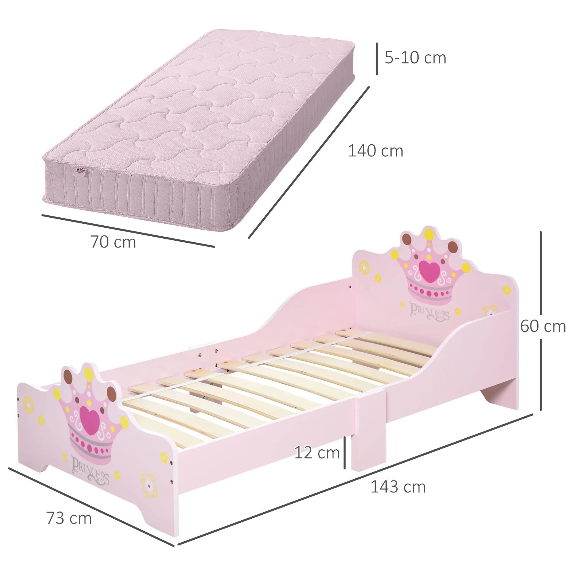 HOMCOM Cama para Niños de +3 Años 143x73x60 cm Cama Infantil de Madera con Estampado de Corona Carga 50 kg para Dormitorio Rosa - imagen 2
