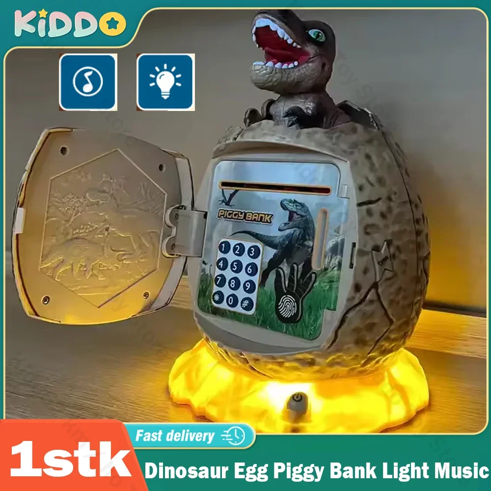 Hucha de huevo de dinosaurio para niños, caja de dinero con contraseña de huella dactilar con luz de música, cajero automático electrónico, caja de monedas, casa de juegos, juguetes