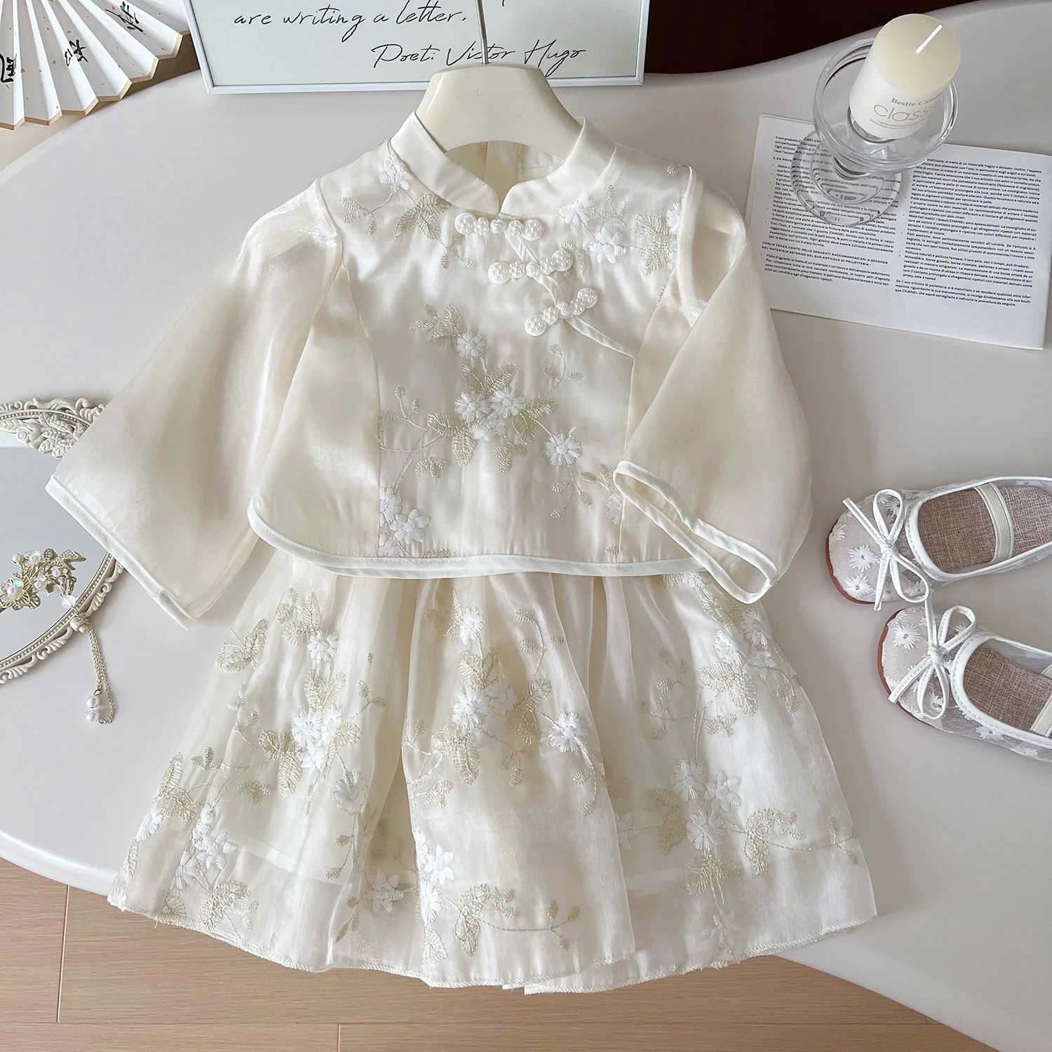Ropa de verano de 2 piezas para niña, Tops de malla de manga larga con flores bonitas de estilo chino + falda, ropa de Boutique para niños, conjuntos para niños B071 - imagen 3