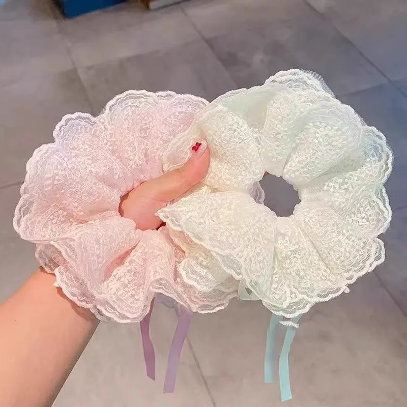 Diademas grandes con volantes de encaje francés para niñas pequeñas, bandas de goma elásticas bonitas y dulces, diadema de cola de caballo de Color sólido para niñas, nuevo - imagen 4