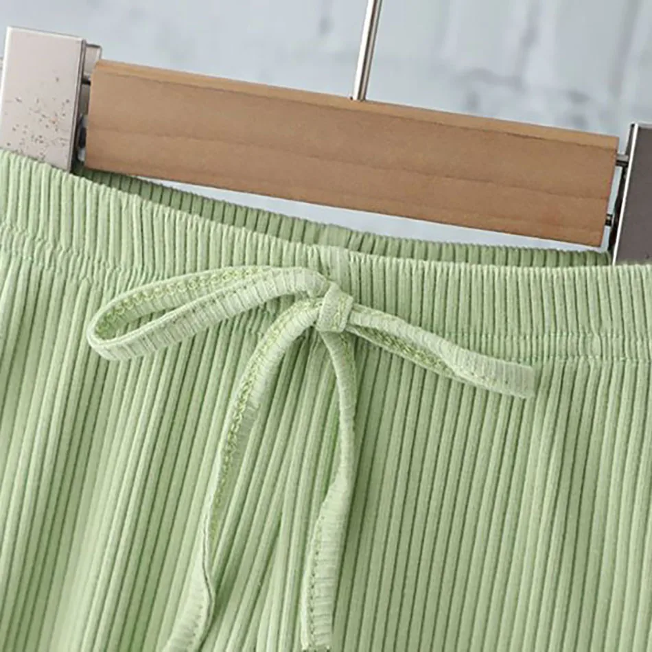 Conjunto de moda para niñas, camisetas de manga corta acanaladas de verano, pantalones, conjunto de ropa deportiva de dos piezas para niños, traje de Color sólido para niños - imagen 5