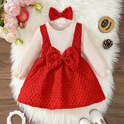 Vestido de manga larga para niña recién nacida con lazo grande