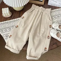 Pantalones de algodón con bordado de flores para niños