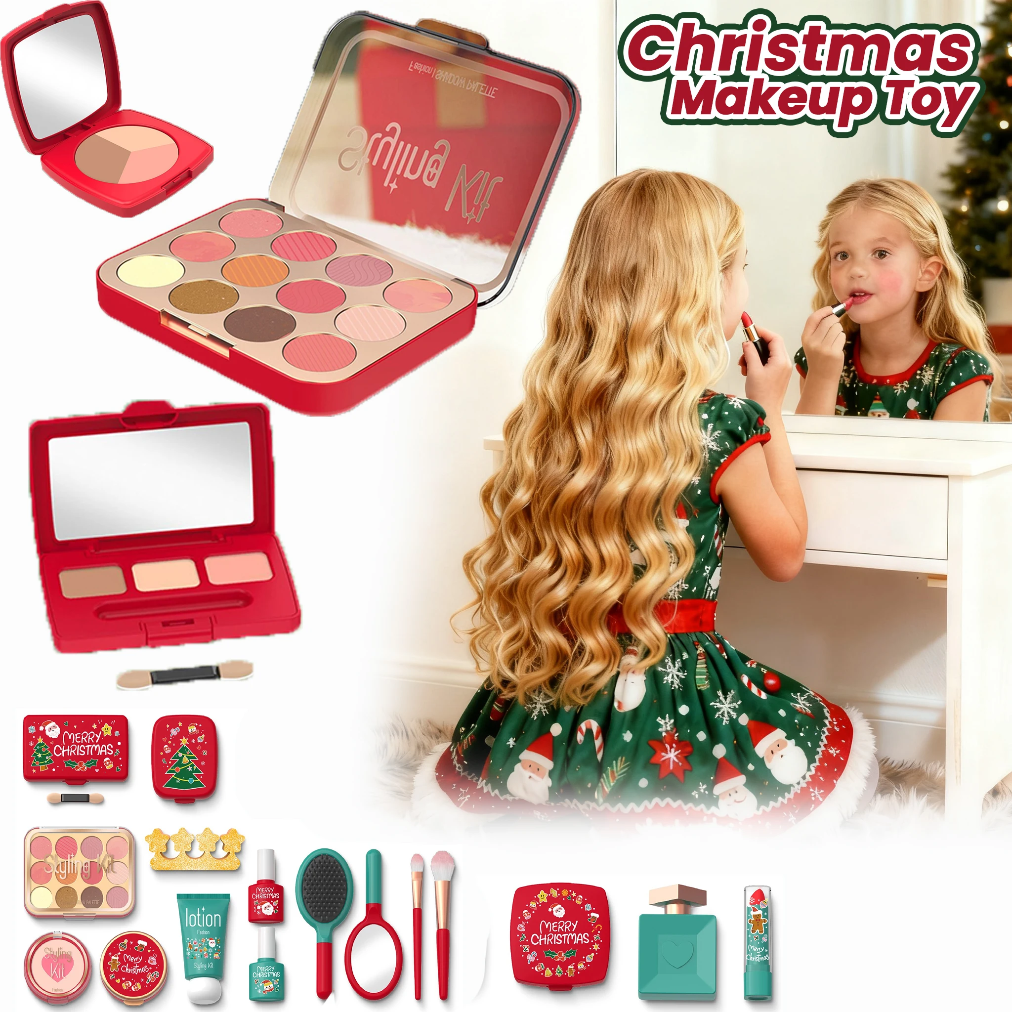 Juego de juguetes de maquillaje para niños, caja de maquillaje de belleza simulada para juego de imitación, sombra de ojos, colorete, regalos temáticos navideños para niñas, no tóxicos