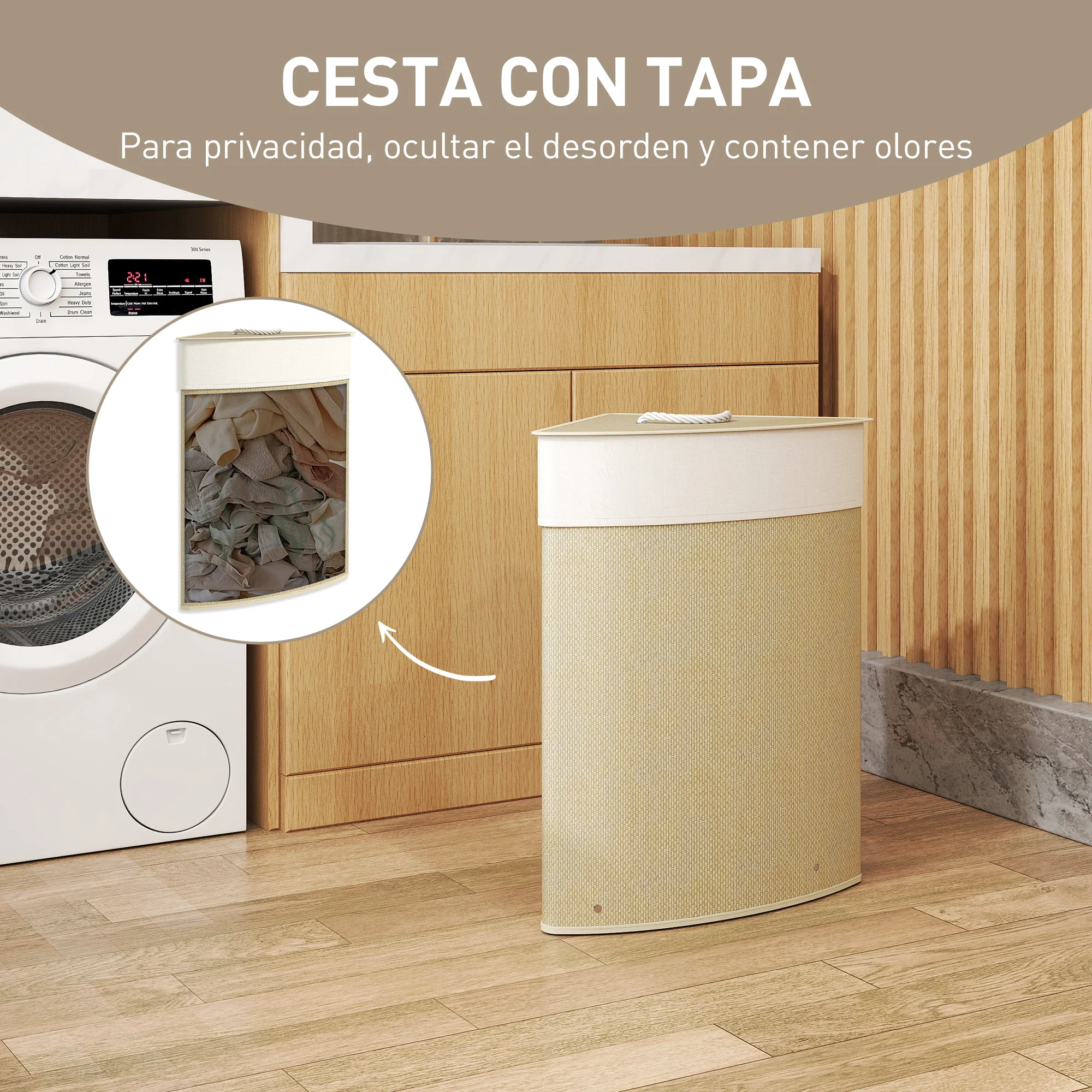 HOMCOM Cesto Ropa Sucia de Bambú para Esquina de 55L con Tapa y Asa, Cubo Ropa Sucia con Bolsa Extraíble y Lavable para Baño, Dormitorio, 35x35x60 cm, Crema - imagen 5