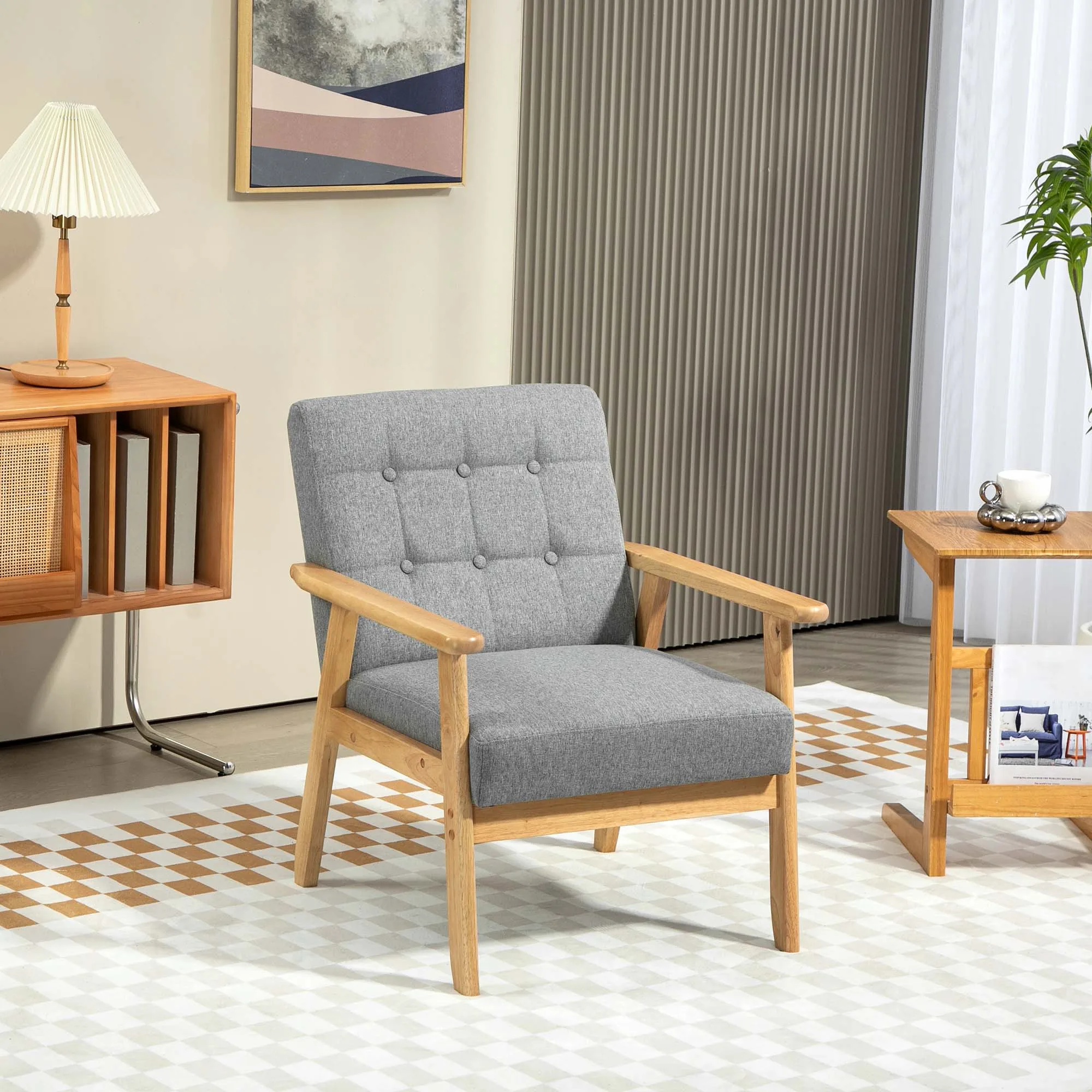 HOMCOM Sillón Individual Sofá Individual Tapizado en Lino con Reposabrazos de Madera Respaldo Acolchado Carga 130 kg Sillón para Salón Dormitorio Gris Claro - imagen 2
