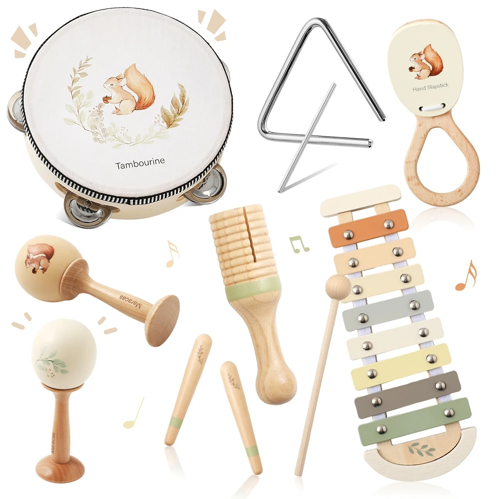 Instrumentos musicales Montessori para niños, juguetes de madera para bebés, instrumentos musicales para niños, juguetes para niños pequeños, juegos de instrumentos de ardilla, regalo
