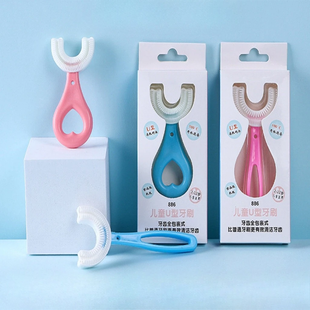 360 °   Cepillo de dientes en forma de U para bebé, cepillo de dientes de silicona suave para niños recién nacidos, limpieza bucal, cuidado de la salud, herramientas para bebés