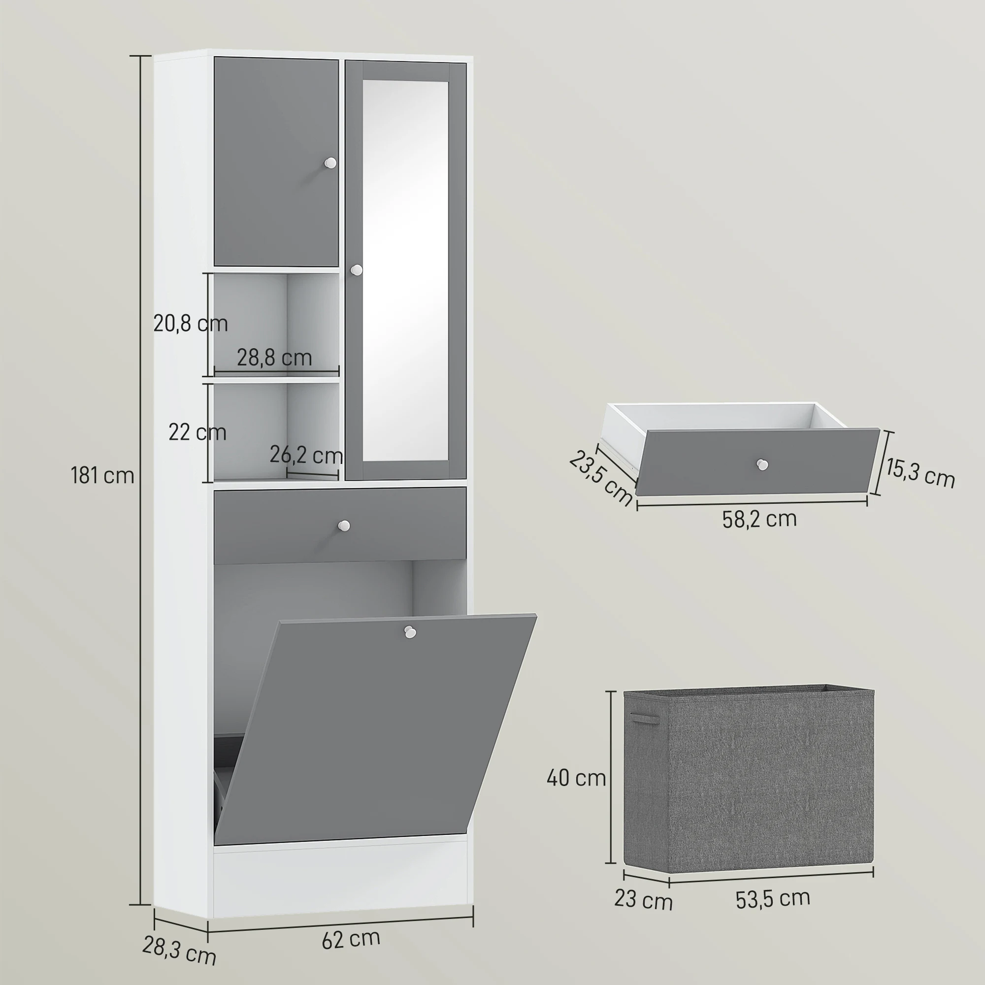 HOMCOM Armario de Baño con Cesto Ropa Sucia Armario Alto de Baño Estrecha con Espejo Cajón Compartimentos Abiertos y Estantes Ajustables 62x28,3x181 cm Blanco y Gris - imagen 2