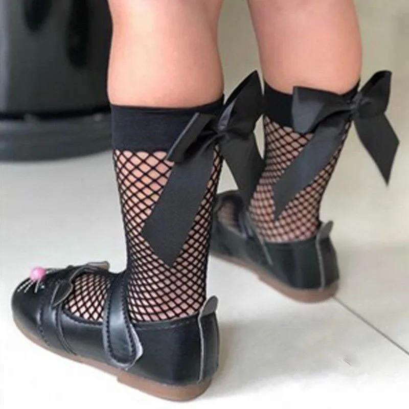 Calcetines finos de malla para niñas y niños, medias largas hasta la rodilla con lazo, estilo Vintage, color blanco y negro, para verano, 2023 - imagen 2