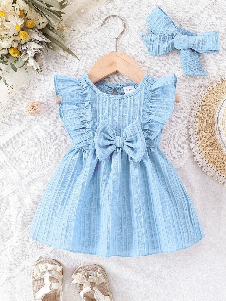 Vestido de manga con volantes para niña de 0 a 24 meses con lazo, bonito vestido de princesa azul para cumpleaños, vestidos de fiesta, ropa de verano para bebé