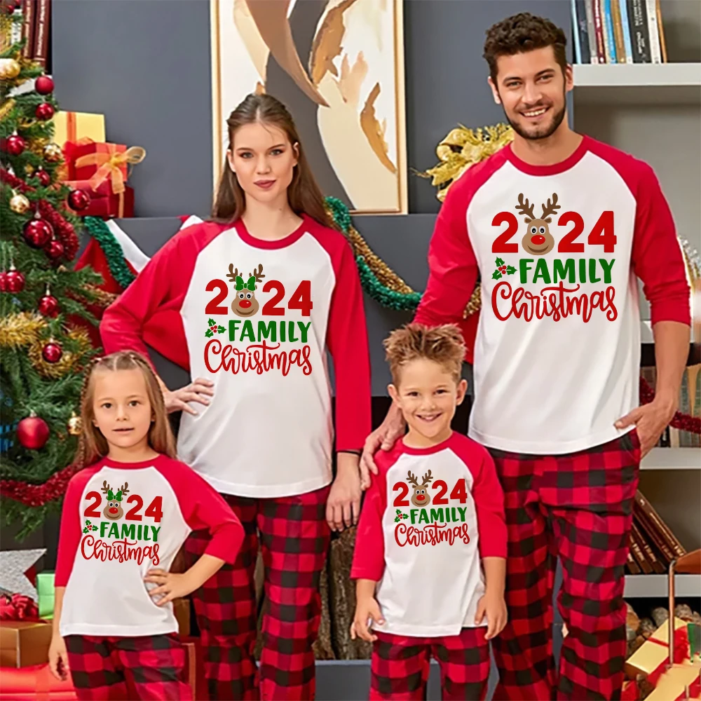 2024 familia Navidad y ciervos estampado familia traje a juego raglán camisas de manga larga camisas de Navidad día de Navidad ropa de vacaciones camiseta