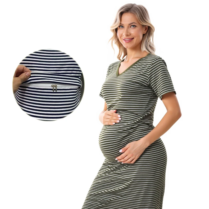 Vestido para amamantar, vestido de maternidad, vestido de embarazo a rayas de algodón, vestidos de lactancia de manga corta con cuello en V para mujeres posparto