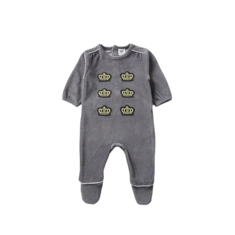 Peleles de manga larga para bebé, monos para recién nacidos, ropa gris para niño y niña, Pelele de corona de terciopelo bebé para invierno - imagen 4