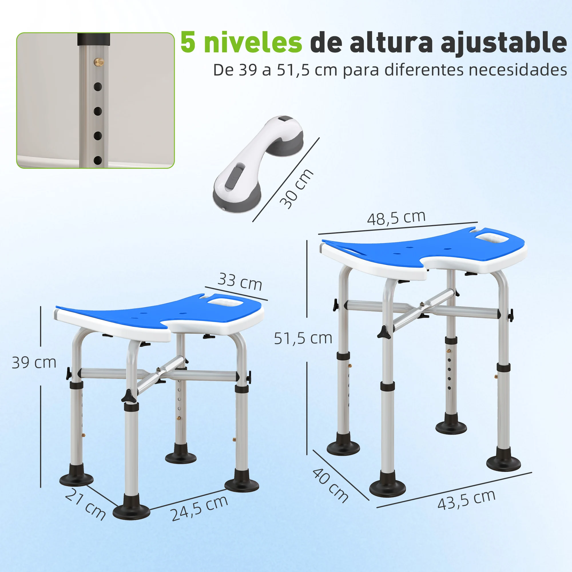 HOMCOM Taburete de Ducha Silla Ducha Personas Mayores Antideslizante Silla para Ducha con Barra de Agarre por Ventosas Altura Regulable y Asiento en Forma de U Carga 150 kg Azul - imagen 4