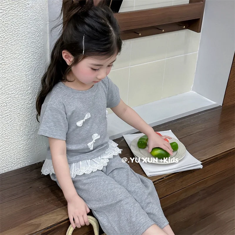 Conjunto verano niña camiseta encaje y pantalón liso – ropa fresca - imagen 2