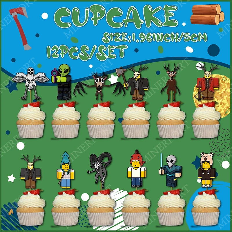 Roblox 99 noches en el bosque Cupcake Topper tema decoración de dibujos animados cumpleaños Baby Shower accesorios de fiesta de Halloween regalos 12 Uds