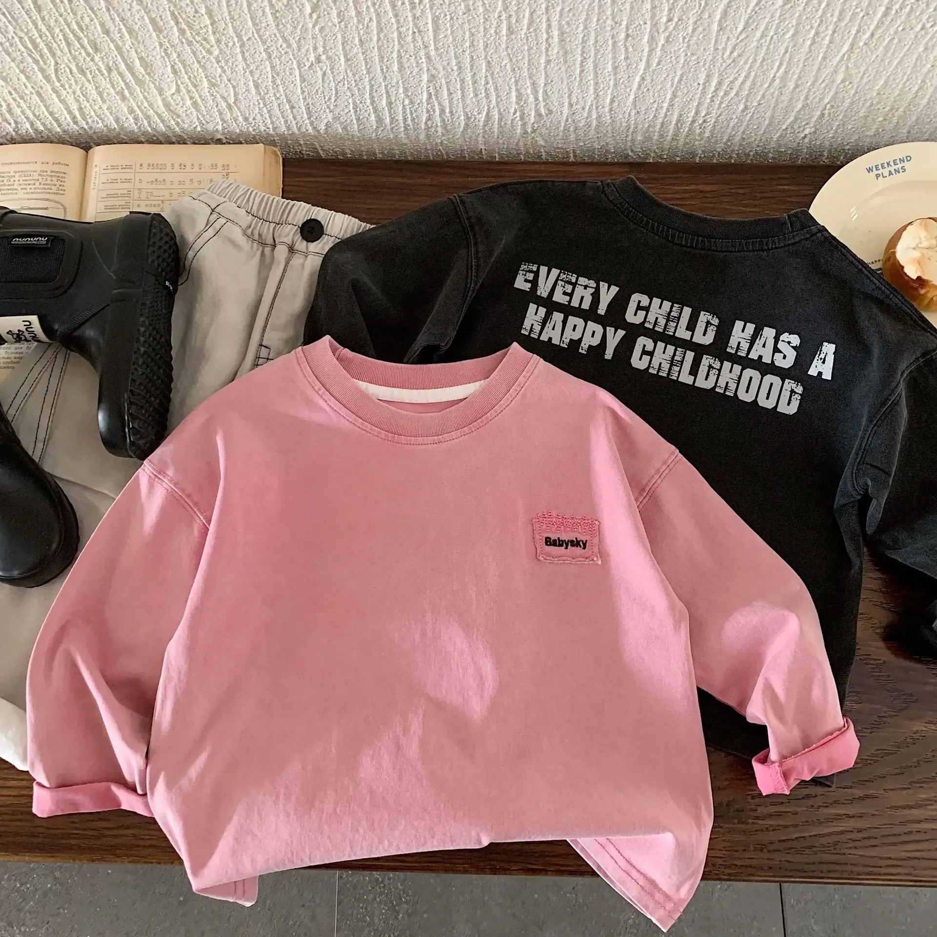 Camiseta de manga larga con estampado de letras para niños y niñas, camiseta holgada Vintage lavada, totalmente nueva de algodón puro, 2026