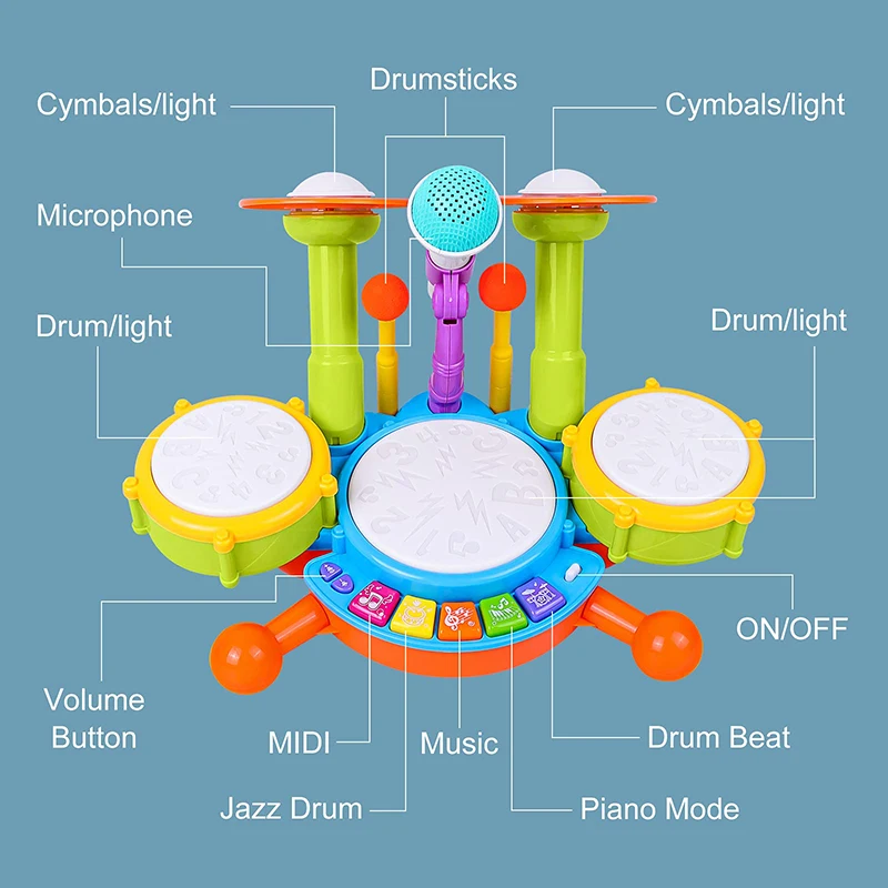 Juguetes para bebés, juego de batería Musical con sonido ligero para niños pequeños de 1, 2 y 3 años, instrumentos educativos, micrófono, juego para niños de Navidad - imagen 5