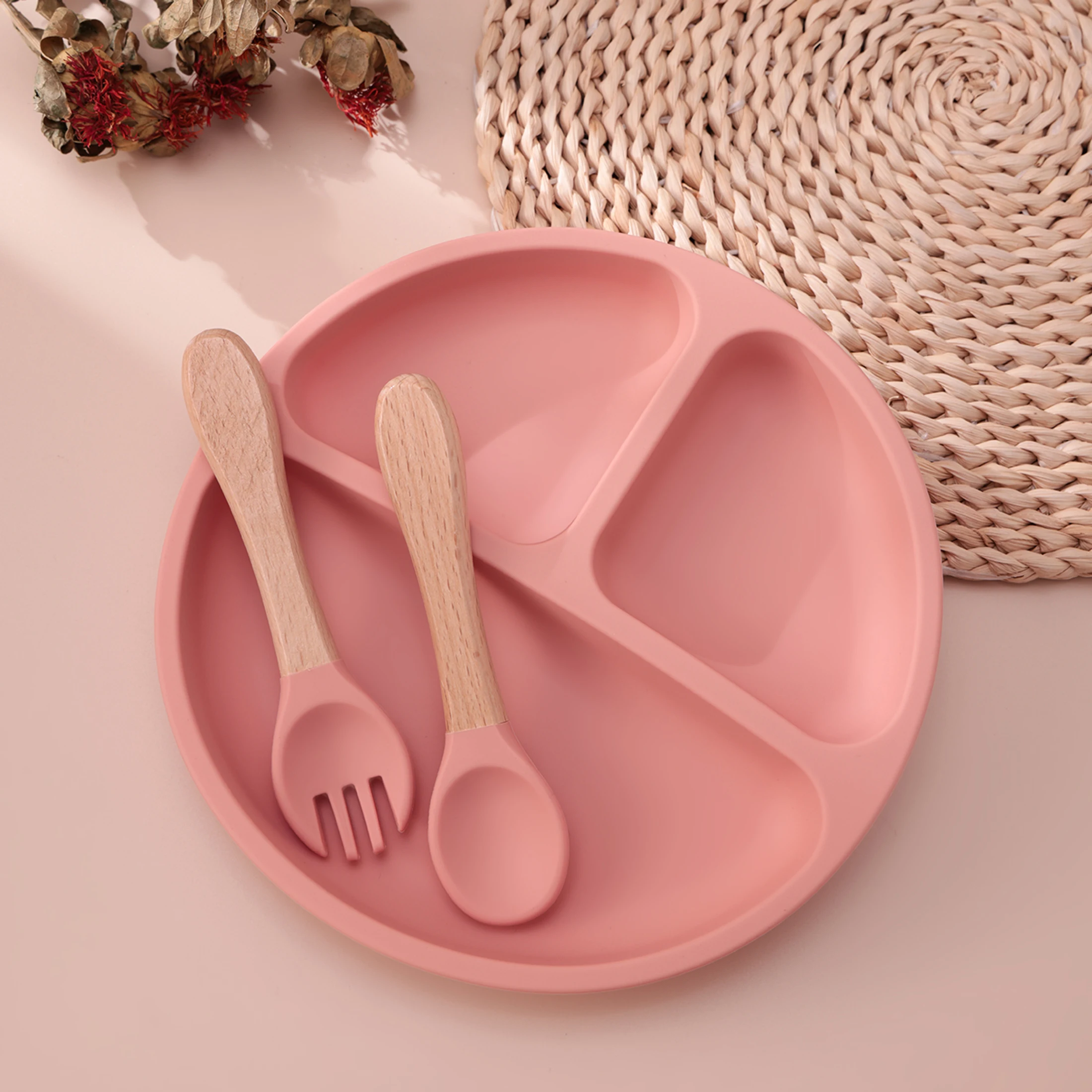 Set vajilla silicona bebé con cubiertos madera - imagen 5