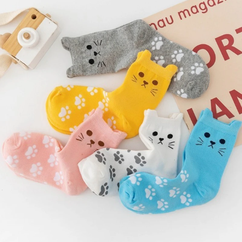 Paquete de 5 pares de calcetines a media pantorrilla con bonito gato en 3D para mujer, calcetines cálidos de algodón con estampado de pata de gato de estilo coreano para otoño/invierno para Halloween - imagen 3