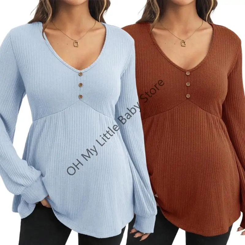 M76C Blusa elástica maternidad con cuello en V, camisa manga larga para embarazo, tela transpirable, diseño holgado para