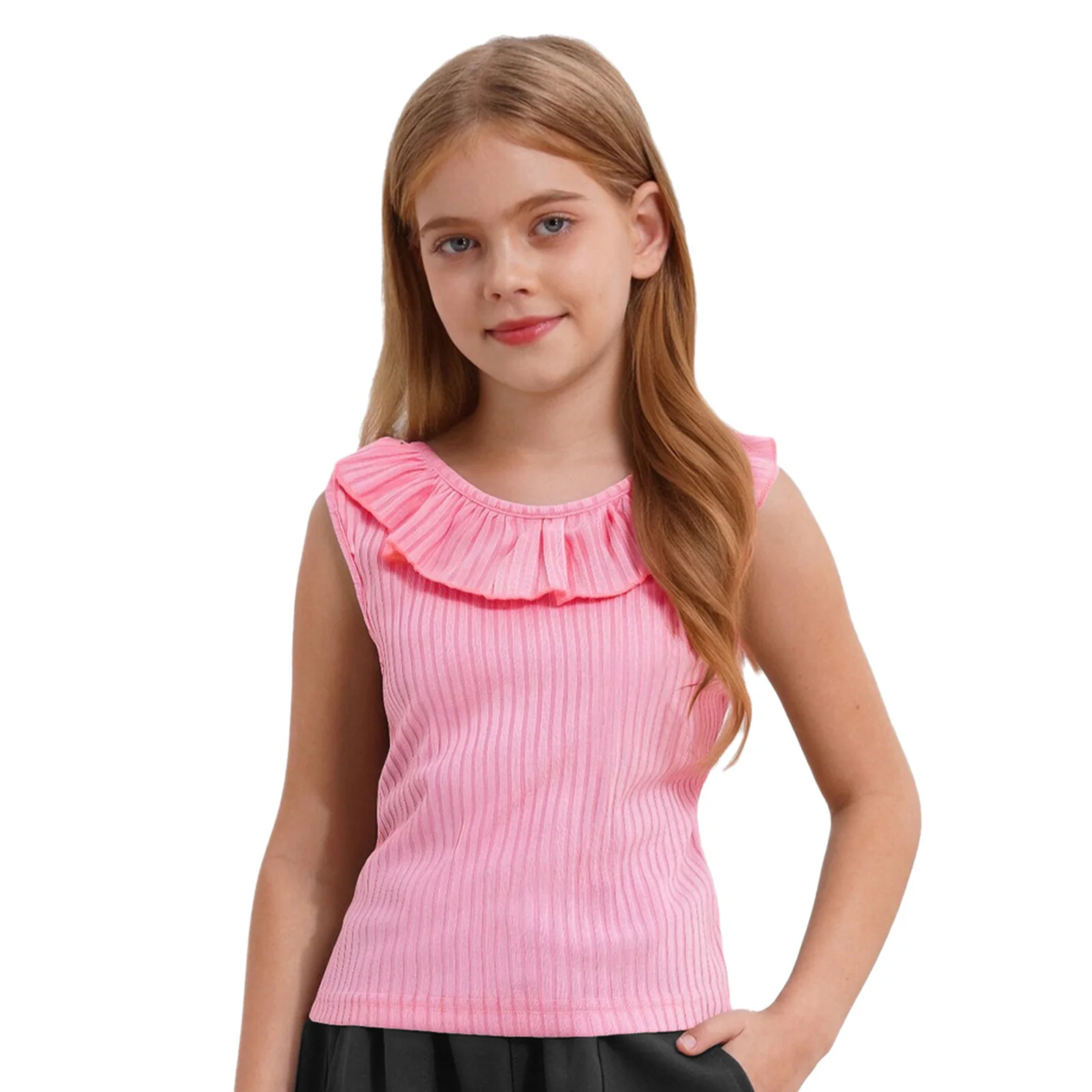 Camisetas sin mangas lindas para niñas, camiseta sin mangas acanalada con volantes, camiseta sin mangas, chaleco trasero cruzado a la moda para vacaciones, playa, Picnic, fin de semana