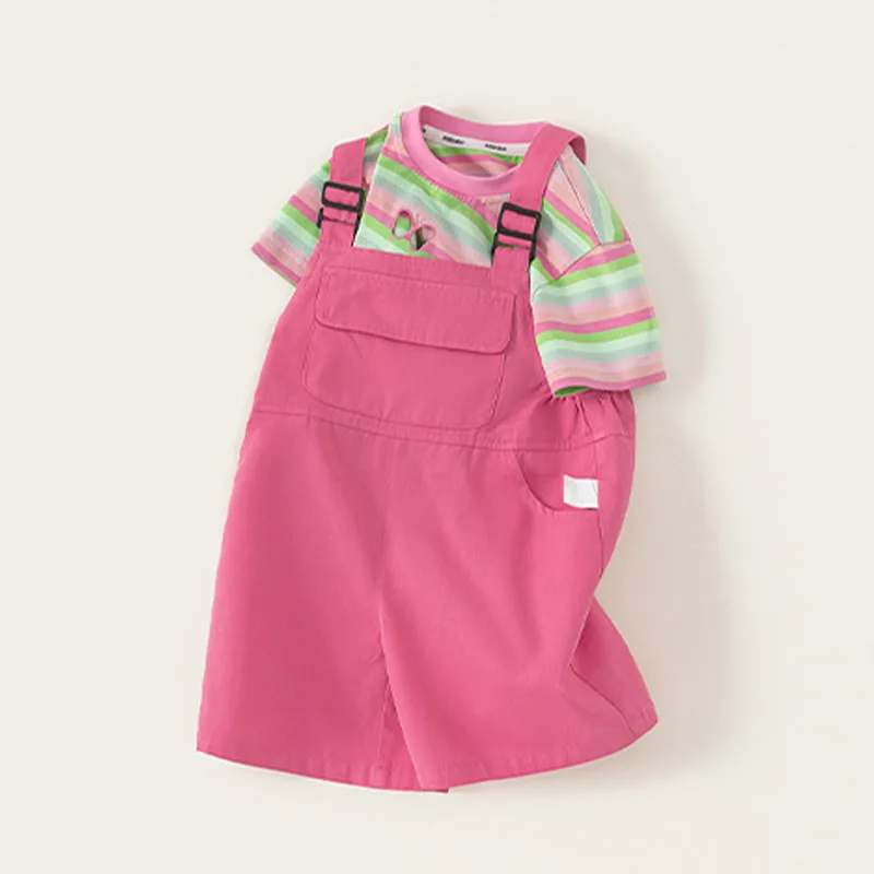 Conjunto de trajes de verano para niño niña, moda coreana, Tops de manga corta con mariposa a rayas y pantalones cortos con tirantes, ropa de Boutique para niño B157 - imagen 3