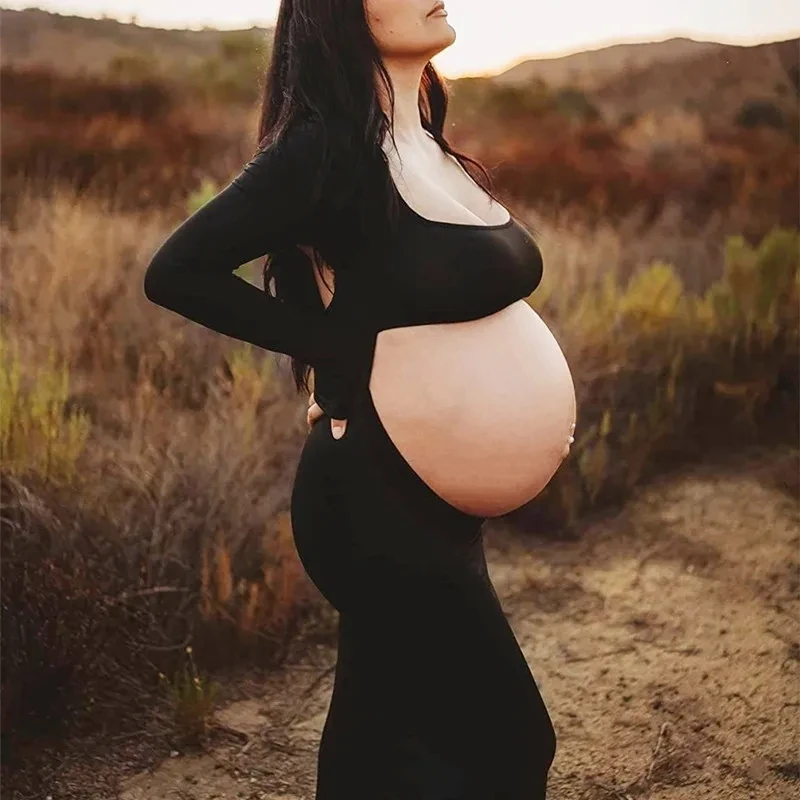Nuevos vestidos de maternidad para sesión de fotos negro de manga larga sin espalda vestido Maxi para embarazo fotografía de fiesta de boda ropa para embarazadas - imagen 2