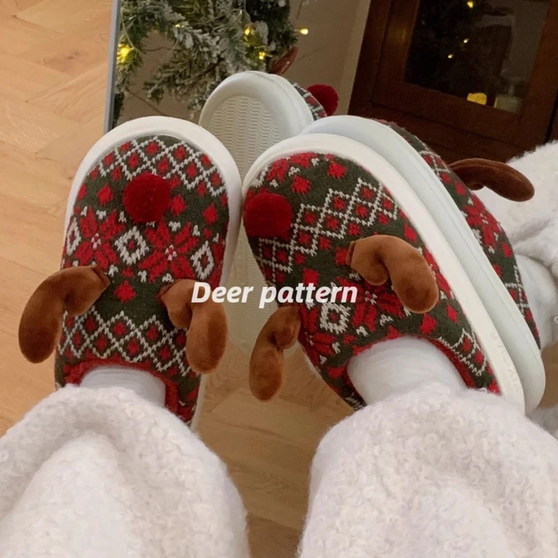 Zapatillas mullidas de interior para mujer, zapatos cálidos de invierno con bonitos ciervos de dibujos animados, zapatillas de algodón de Navidad antideslizantes de felpa suave para el suelo del hogar - imagen 3