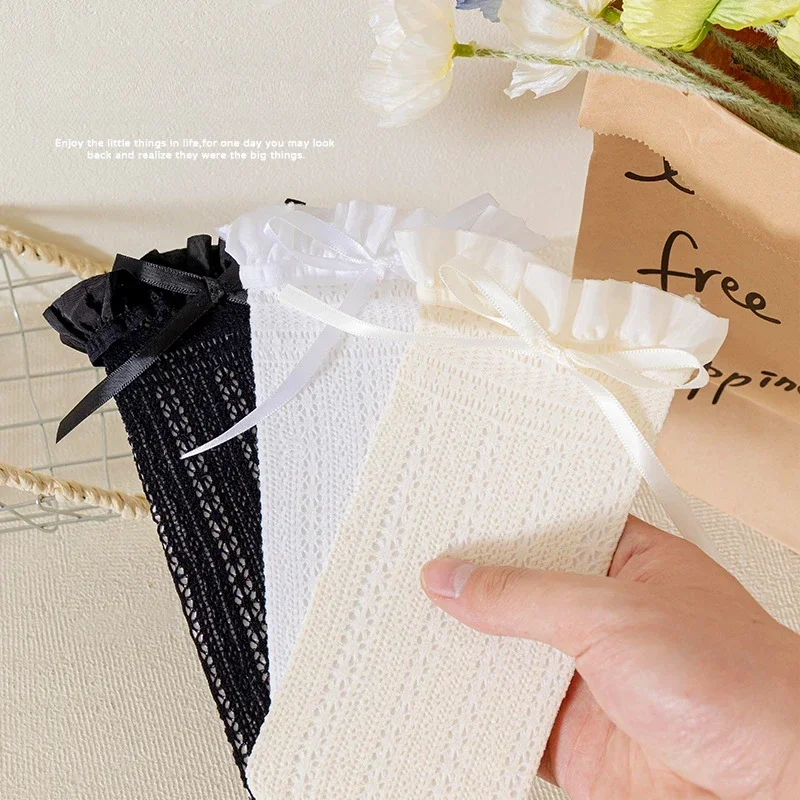 Calcetines finos huecos de verano para niñas, calcetines hasta la pantorrilla con volantes y lazo a la moda para niños, calcetines elásticos de nailon suave para niñas