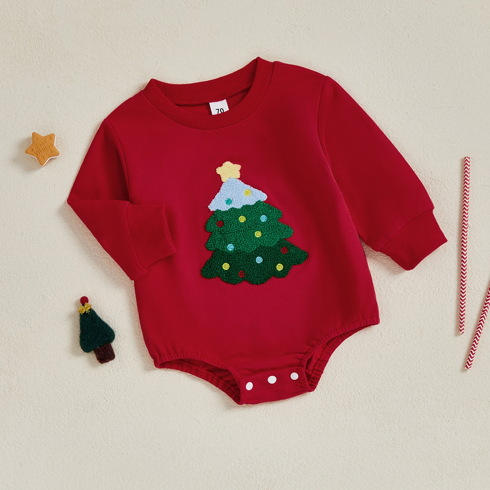 Sudadera navideña para bebé de 0 a 18 meses, mameluco con bordado de árbol, mono de burbujas con cuello redondo y manga larga - imagen 3