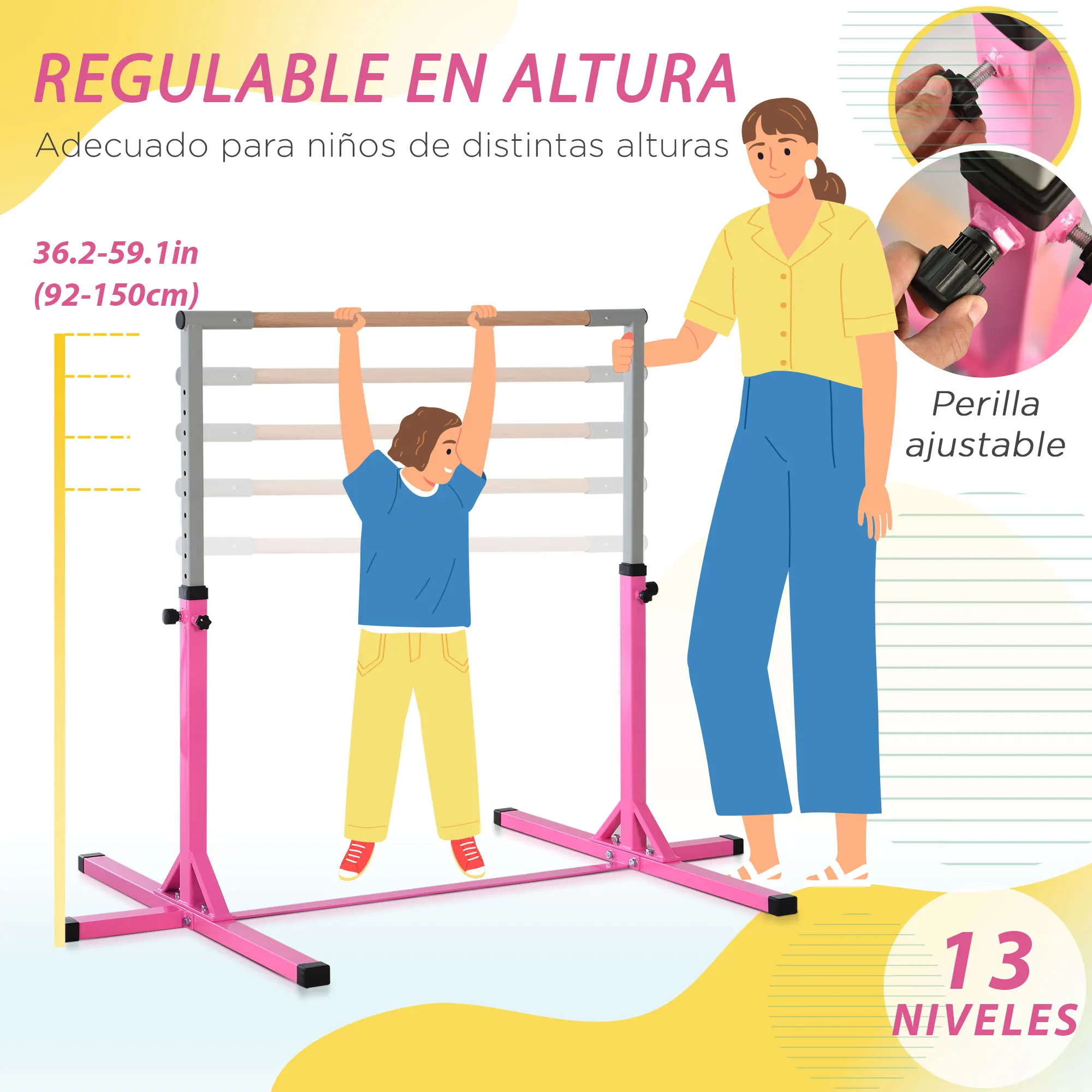 HOMCOM Barra de Gimnasia para Niños de +3 Años Barra de Entrenamiento con Altura Ajustable 92-150 cm Barra Horizontal de Gimnasia Carga 75 kg 197x121x150 cm Rosa - imagen 4