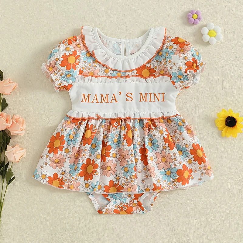 Pelele para niñas de 0 a 18 meses, vestido informal con estampado Floral y Bordado de letras, mono de manga corta para recién nacidos, ropa bonita para niños pequeños