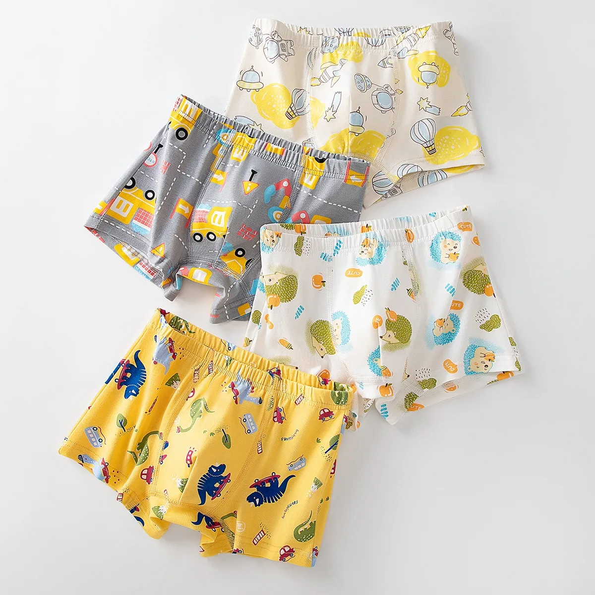 Boxers de 4 piezas para niños, ropa interior de algodón para niños, bañadores para niños respetuosos con la piel, calzoncillos Boxer con estampado de dinosaurio y erizo de dibujos animados para niños - imagen 3