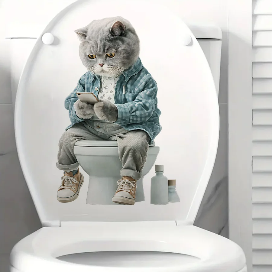 Pegatina de pared de gato para inodoro, pegatina de pared autoadhesiva de simulación de dibujos animados, decoración de tapa de inodoro, pegatina de pared