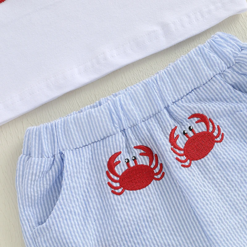 Suefunskry Conjuntos de verano para niños pequeños, camisetas y pantalones cortos de manga corta con cuello redondo y bordado de cangrejo - imagen 5