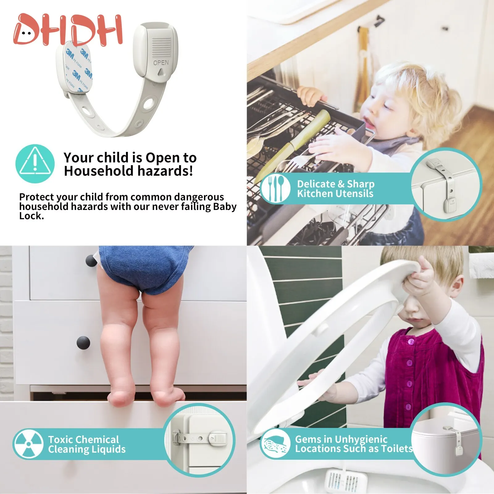 Cerraduras de correas para bebé, pestillos múltiples ajustables, cajón para niños, puerta de armario de cocina, cerradura de seguridad para habitación, hebilla de mano antipellizco, 5 uds. - imagen 2