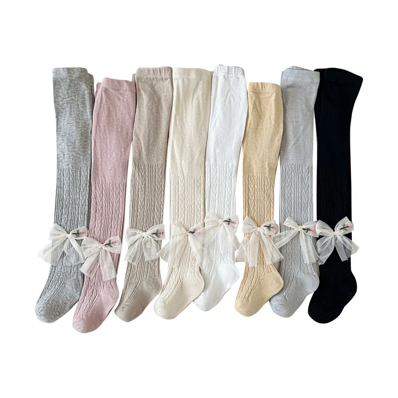 Otoño primavera, mallas para niñas, pantimedias para bebés recién nacidos, calcetines con lazo, calcetines para bebés, medias de algodón suave - imagen 2